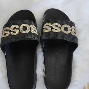 Boss Women's Black and Gold Slide Sandals